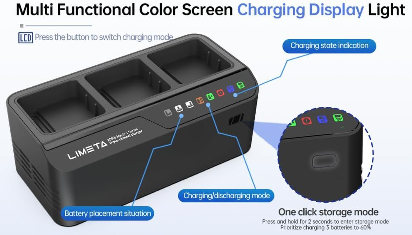 LIMETA Mavic 3 Pro Charging Hub 200W Fast Charger for DJI Drone Mavic 3/Classic/Cine/Rc Battery Triple Bidirectional Fan-Cooled Charging Station ​For DJI Accessories image number 2