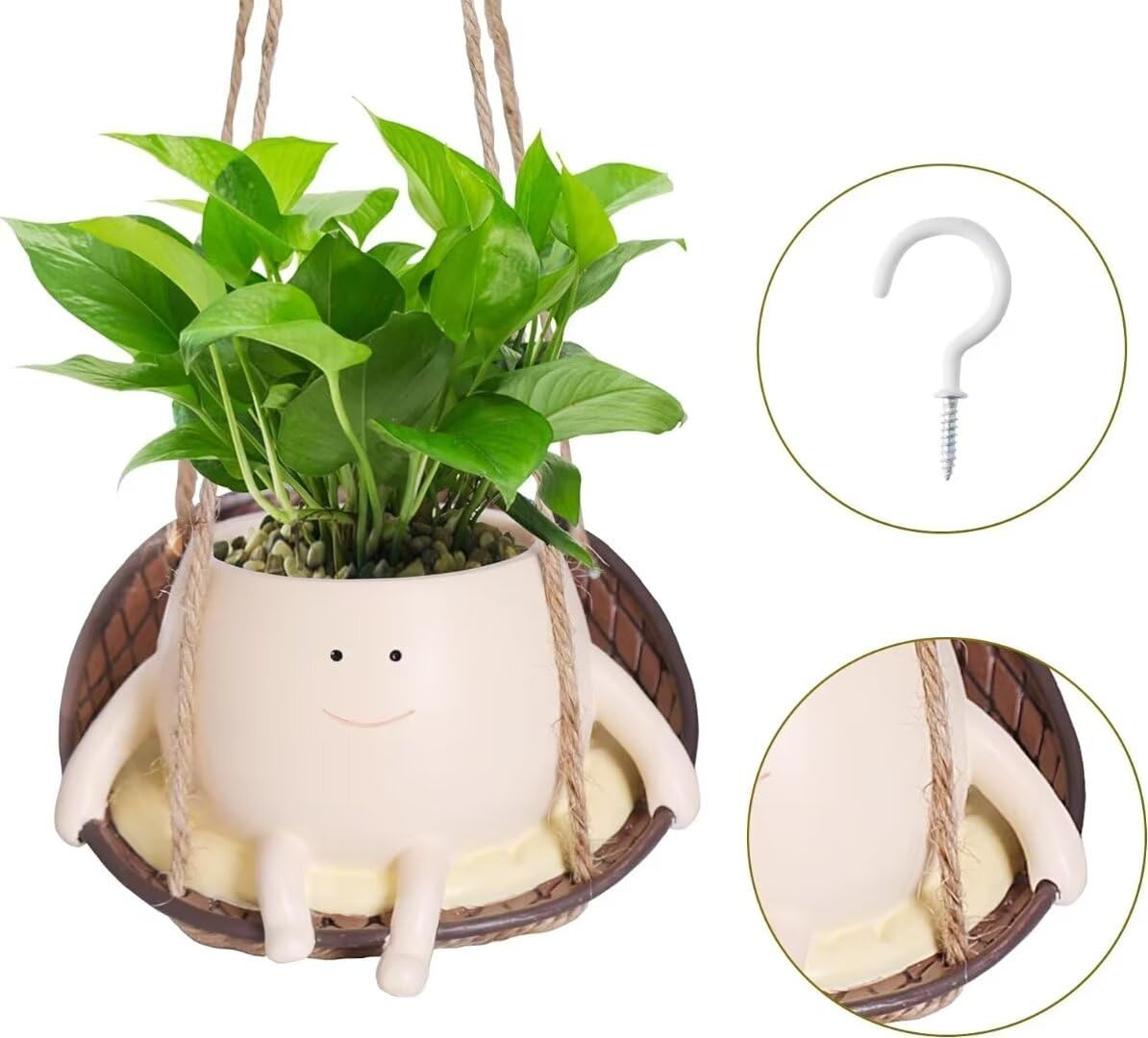 Rocking & Hanging Chair Plant Pot, Indoor and Outdoor Innovative Decorative Pots, Swinging Happy Face Flowers Planters Pots Head.(Hanging Baske) image number 3