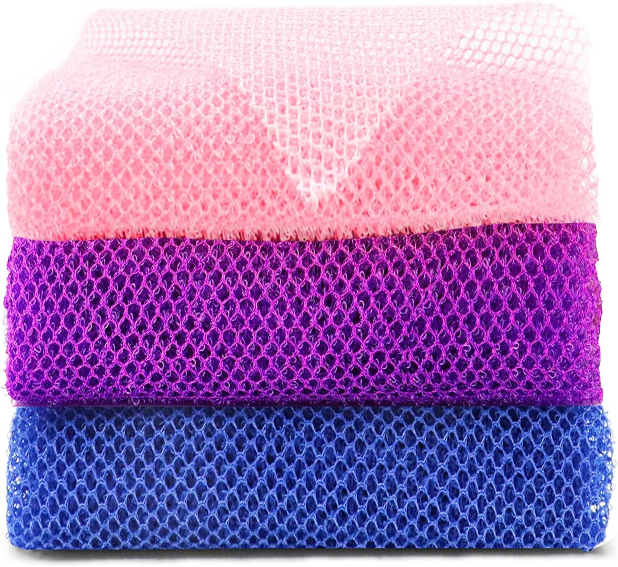 3 Pcs African Exfoliating Net African Net Sponge, 80X30Cm Long African Shower Sponge Body Sponge Exfoliating Sponge for Men and Women Deep Cleaning(Purple Pink Blue) image number 1