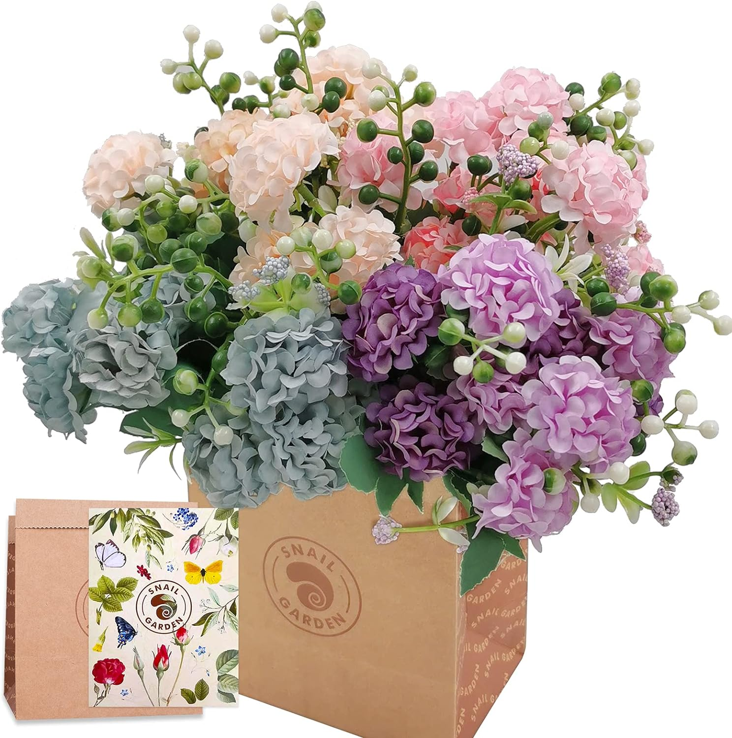 SNAILGARDEN 40Heads Artificial Hydrangea Flowers, 4Pack Fake Silk Mini Hydrangea with 1 Vase Kraft Paper Bag-Mini Artificial Chrysanthemum Ball Perfect for Home Office Wedding Baby Shower Party Decor image number 1