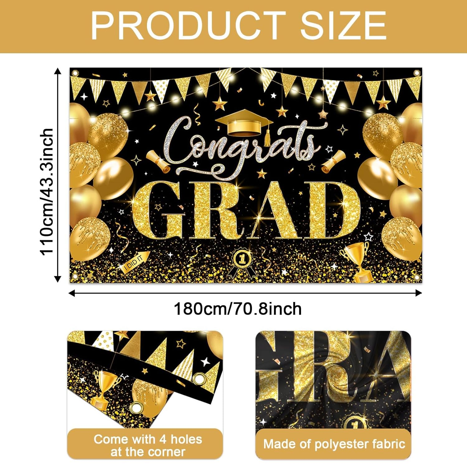 Mocsicka 2025 Graduation Backdrop Gold Black 2025 Graduate Party Decorations Banner Bachelor Cap Congratulations Graduates Photography Backdrop image number 4