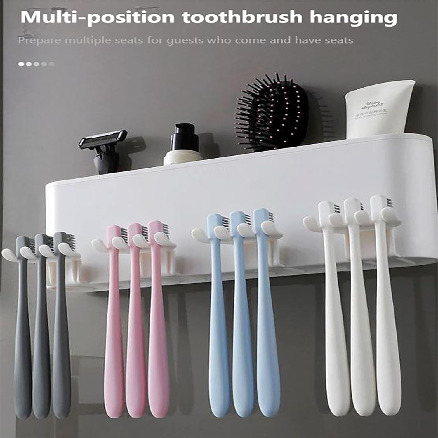 YAKESD Toothpaste Squeezer Tooth Brush Holder Set, Wall Mounted Toothpaste Dispenser with Anti-Dust Cover, 3-In-1 Bathroom Organizer and Storage Grids, Toothbrush Holder Set Included