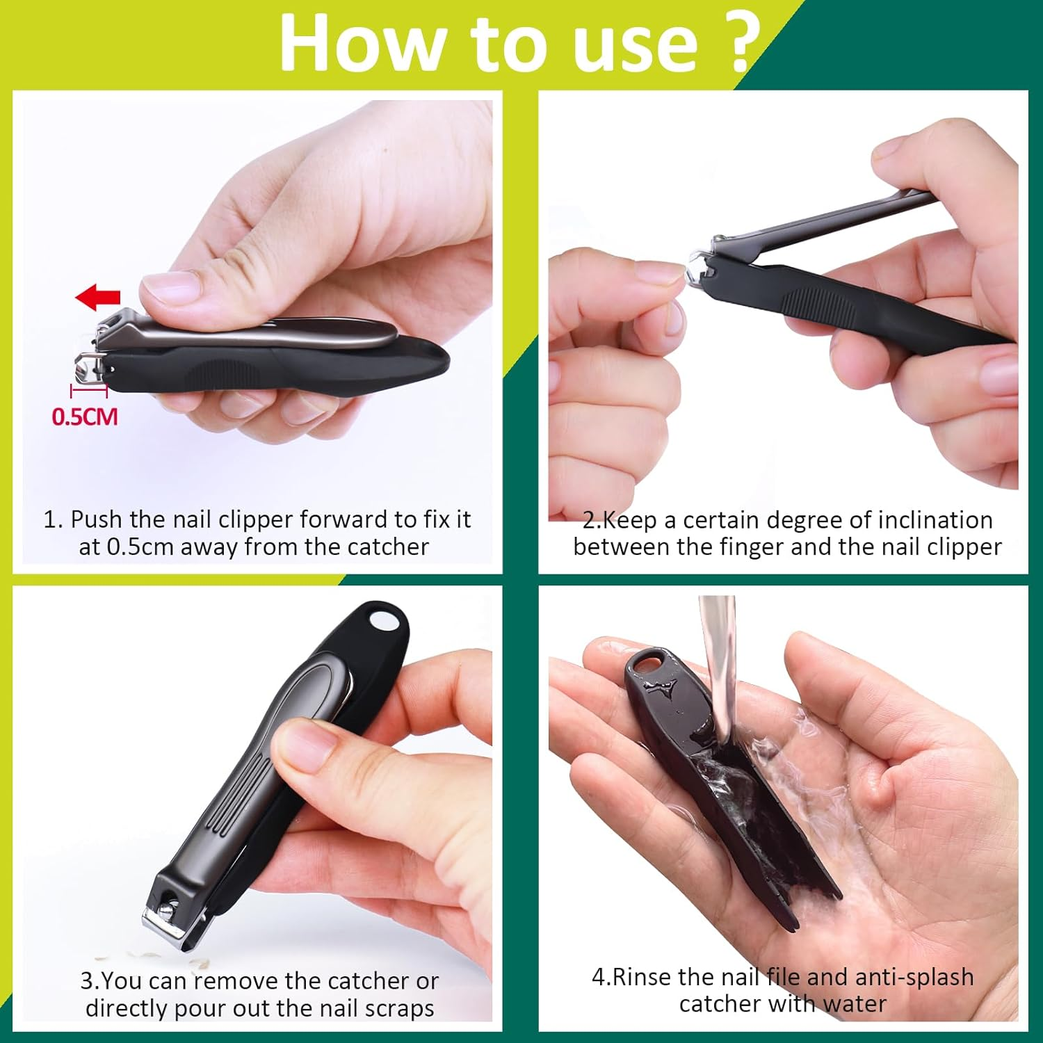 GLAMFIELDS Nail Clipper Set with Catcher and File, Stainless Steel Nail Cutter Fingernail Toenail Clippers Nail Trimmer Set for Men and Women, Packed with Leather Case, Silver image number 3