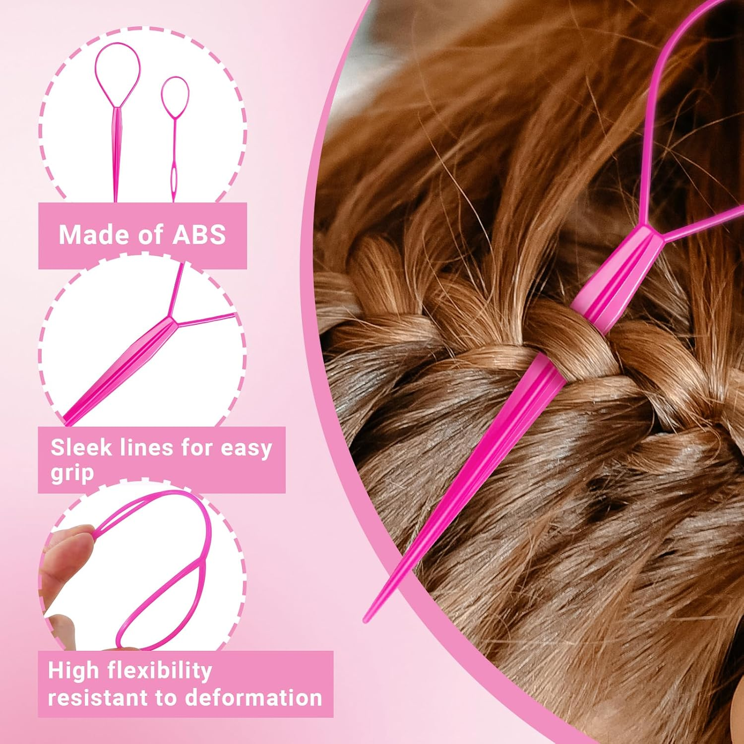 Wosyoodo Topsy Tail Hair Tool, Pink Hair Loop Pull through Tool, French Braid Loop Tool with Rat Tail Comb, Hair Braiding Tool for Making Women and Girls Hair Style image number 3