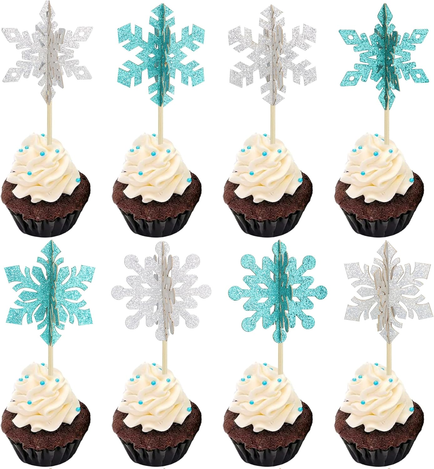 Gyufise 24Pcs 3D Snowflake Cupcake Toppers Double Side Glitter Winter Frozen Cupcake Pick Decorations Winter Theme Party Christmas Baby Shower Birthday Decoration Supplies Blue