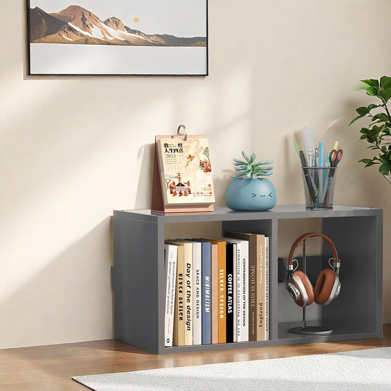 Desktop Organiser Wooden Bookshelf, Office Desk Display Shelf Unit, Book Storage Bookcase, Books Shelves A273 (Grey) - Black image number 6