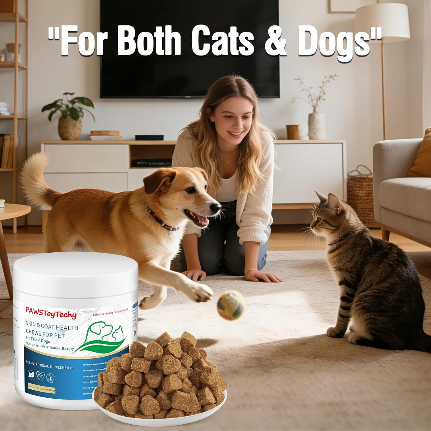 Cat Skin and Coat Healthy Chews, Crunchy Treats with Vitamin E, Omega 3, Moisturizes Skin & Promotes Shiny Hair, Reduces Shedding for Cats, Cat Supplements - Chicken 300G image number 6