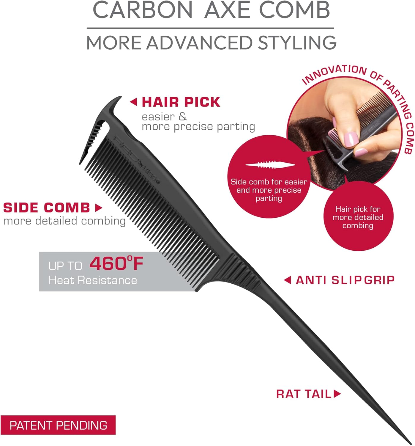 RED by Kiss Carbon Axe Comb Parting Comb anti Frizz Heat Resistant Hair Comb (Rat Tail) image number 3