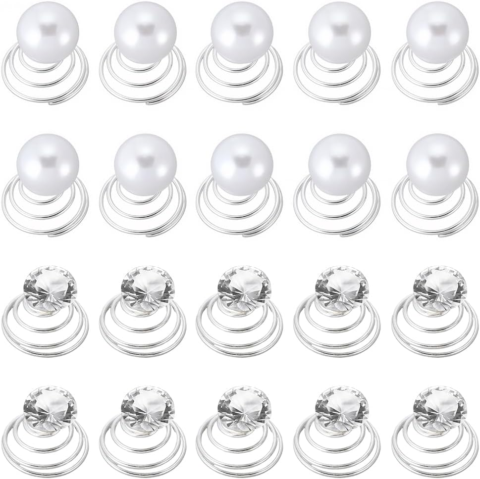 SOFPLATE 60Pcs 2 Styles Pearl Spiral Hair Pins Rhinestone Twister Hair Studs Bulk Faux Diamond Glitter Gems round Spring Stick Pin Jewellery for Wedding Bridal Prom Valentine Day Party Favor Adults