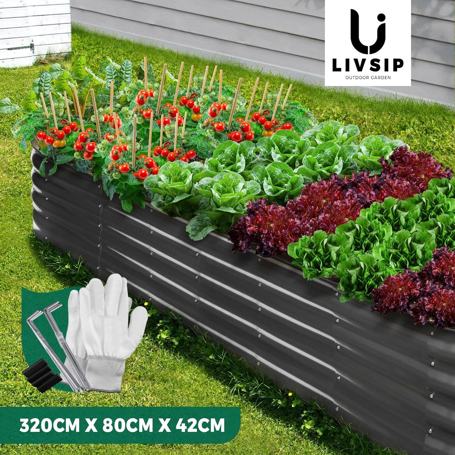 LI LIVSIP Galvanized Raised Garden Bed - Large Oval Planter Box for Outdoor Plants Vegetables Flowers Fruits, Gardening Gloves & Pegs Included, 320X80X42Cm, Grey image number 6