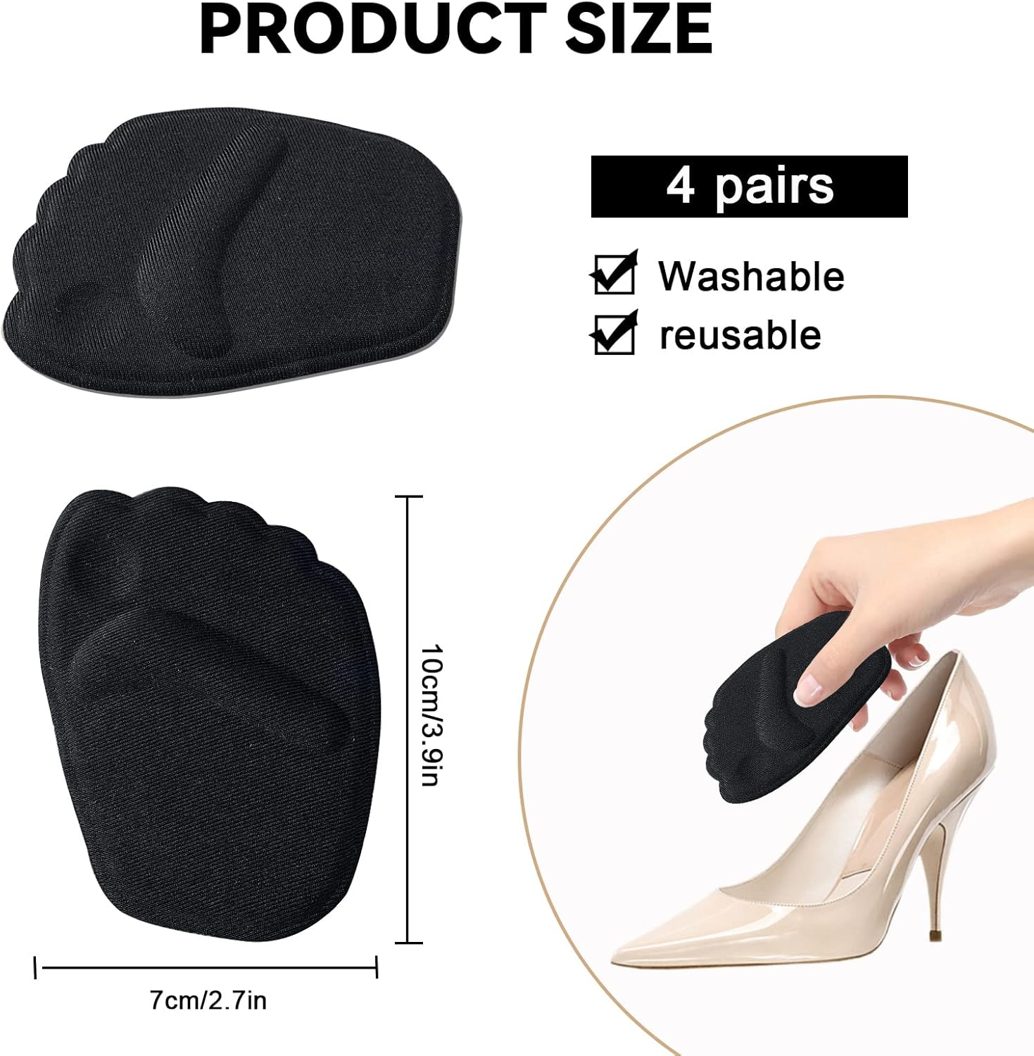 Ball of Foot Cushions Metatarsal Pads for Women, Modixun 4 Pairs Anti-Slip Reusable Washable High Heel Inserts for Foot Pain Relief, Soft Gel Shoe Inserts Forefoot Pads, Black image number 1