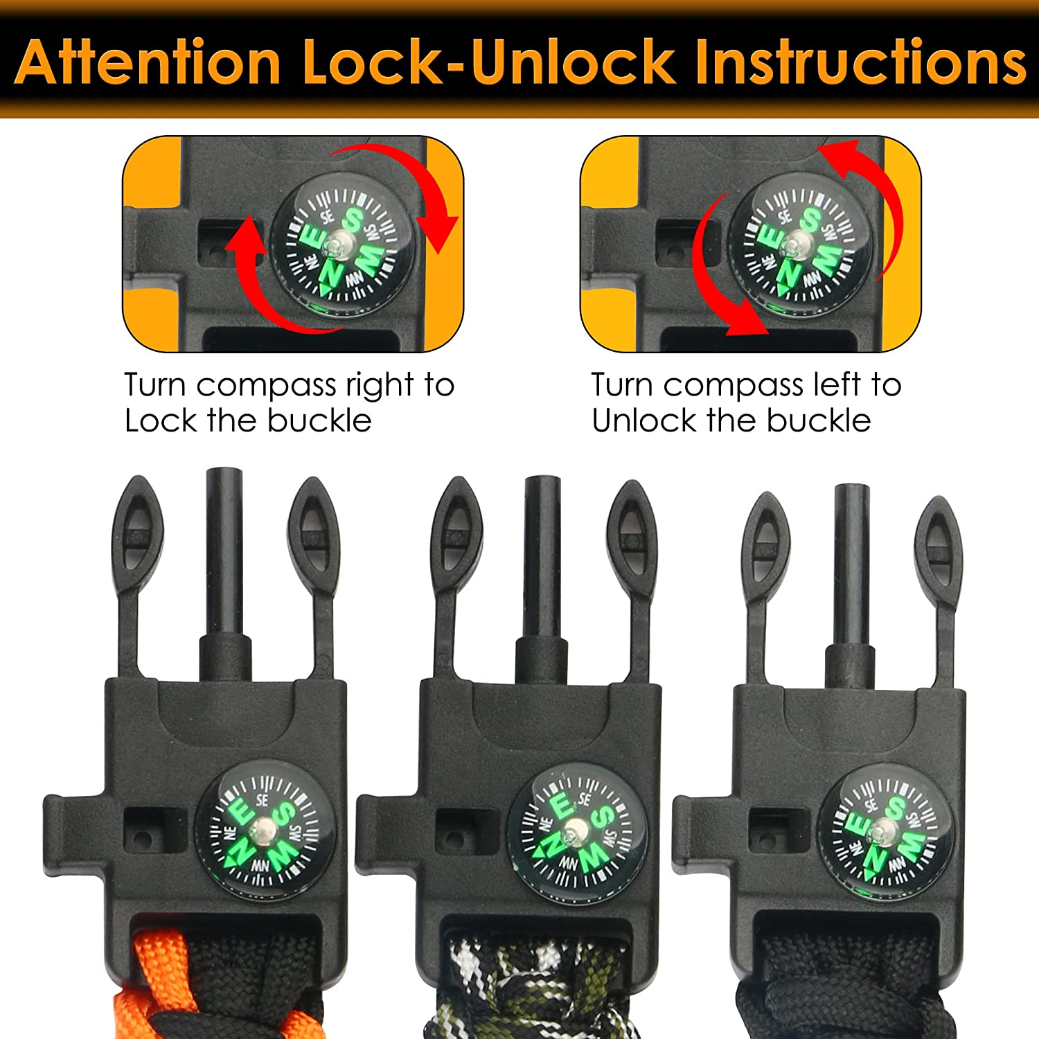 Paracord Bracelet (3 Pack) Kit Outdoor Survival Bracelet Camping Hiking Gear，Multitools, Fire Starter, Compass, and Whistle