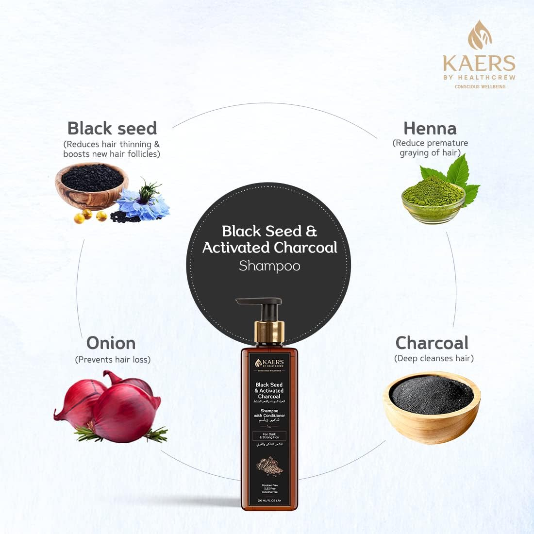 Kaers Kalonji Herbal Shampoo | Black Seed and Activated Charcoal | Shampoo with Conditioner | Paraben Free, SLES Free, Dioxane Free | Dark and Strong Hair | Soft & Shiny Hair for Wow Effect | 200 Ml