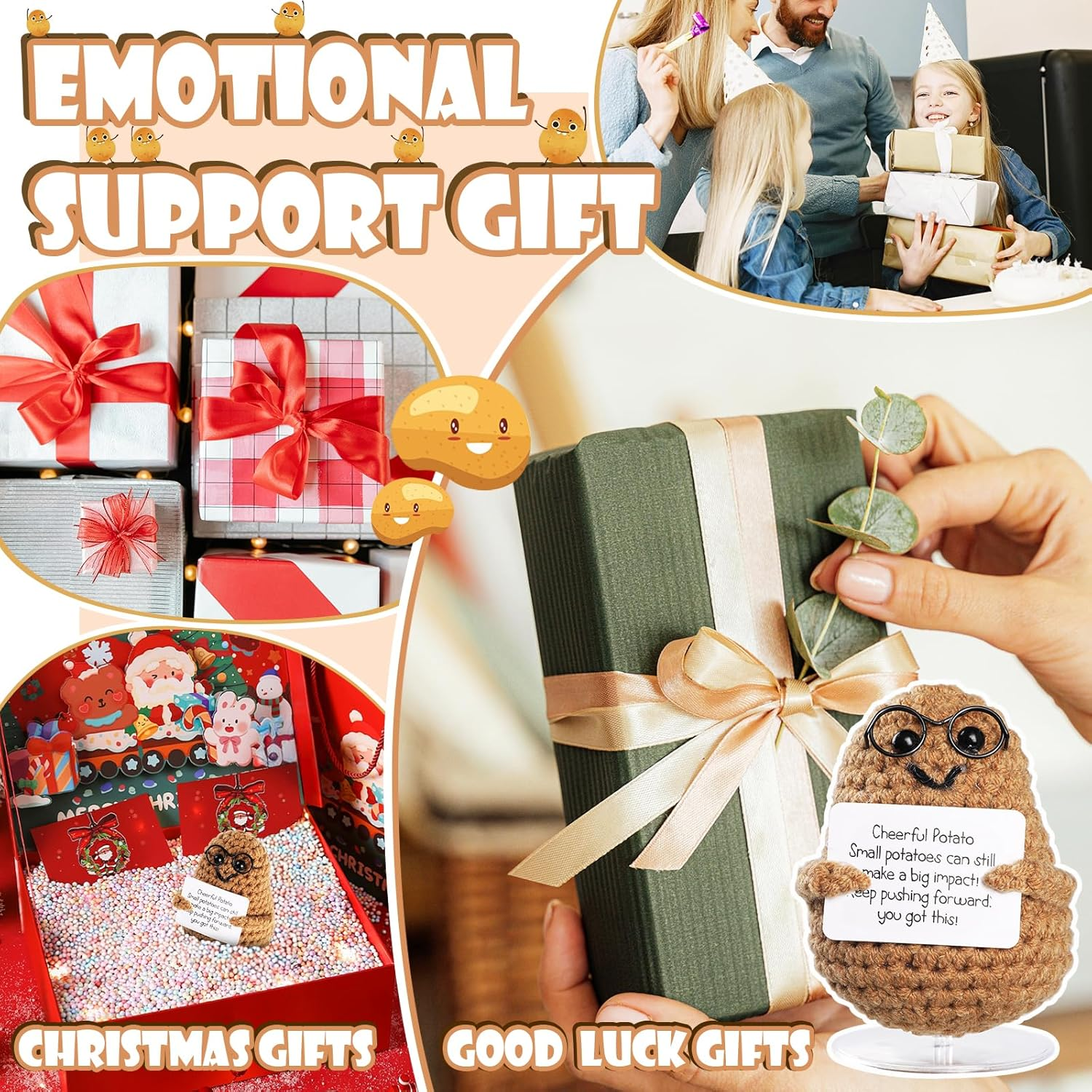 Positive Potato,Geeric Mini Funny Positive Potato+Base Knitted Ornaments Doll Handmade Decoration Positive Card Inspirational Potato Gifts Creative for Christmas New Year School Souvenirs Party Decor image number 4