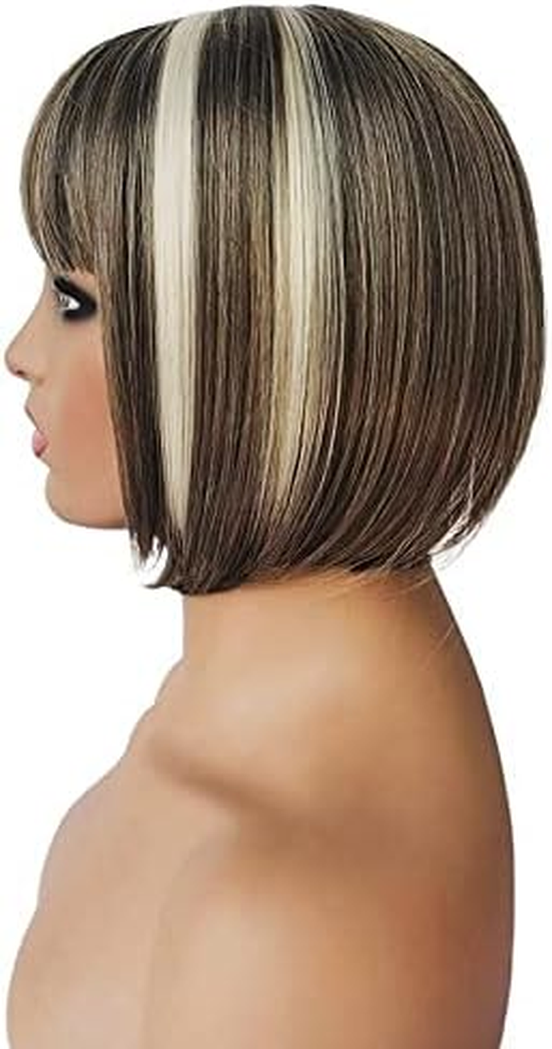 AUBWIG Brown Mixed White Bob Wigs Classic Short Bob Short Straight Wig with Fringe Heat Resistant Synthetic Wigs (Brown Mixed White) image number 2