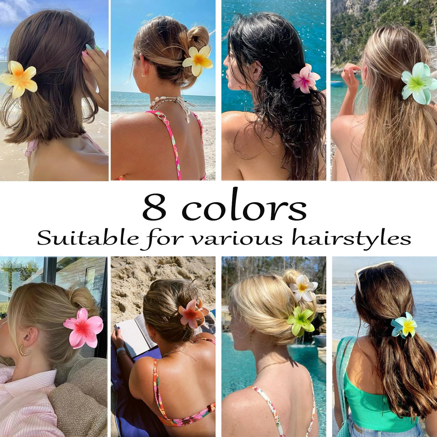 Flower Hair Clips, Pack of 8 Non-Slip Flower Hair Clips, Large Flower Hair Clip, Hawaiian Flower Claw Clips for Women, Thick, Thin Hair Styling Accessories (8 Colours) image number 2