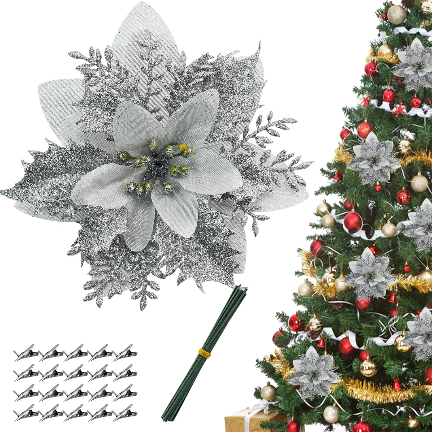 24PCS Glitter Poinsettia 5.1" Artificial Christmas Flowers with Clips Stems Fake Flowers for DIY Wreath Garland Xmas Tree New Year Wedding Party Ornament (Mix Color)