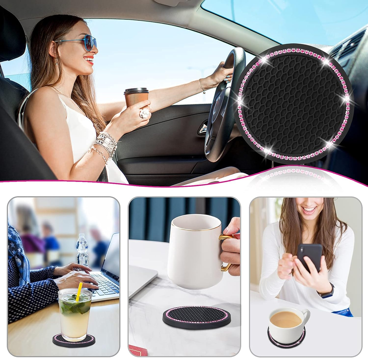4 Pack Car Coasters, Universal Vehicle Bling Car Coaster, Cute Rhinestone Coaster for Cup Holders,Interior Accessories 2.75'' Silicone anti Slip Car Coasters for Women (Pink Crystal Circle) image number 4