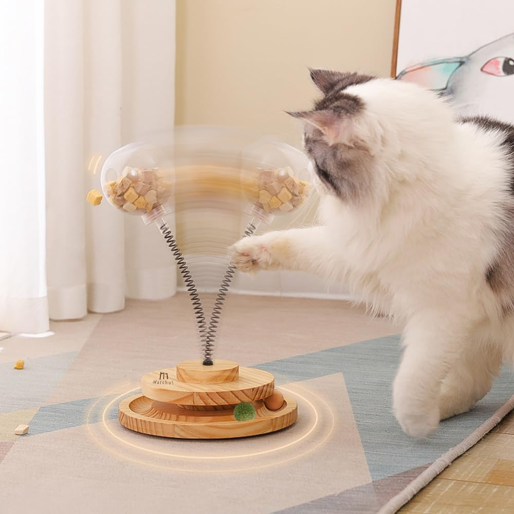 Marchul Interactive Cat Toy with Treat Dispenser &ndash; Automatic Slow Feeder Ball, Roller Track & Catnip Balls for Indoor Cats & Kittens &ndash; Wooden Food Puzzle Toy for Mental Stimulation image number 4