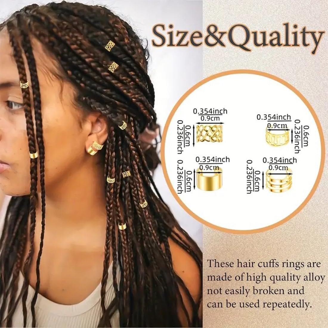 SIRLOMU Pack of 60 Adjustable Dreadlocks Jewellery, Braids Jewellery, Gold Hair Jewellery for Braids, Loc Jewellery for Hair with Dreadlocks, Hair Spiral Clips, Hair Jewellery for Dreadlocks (Gold + image number 5