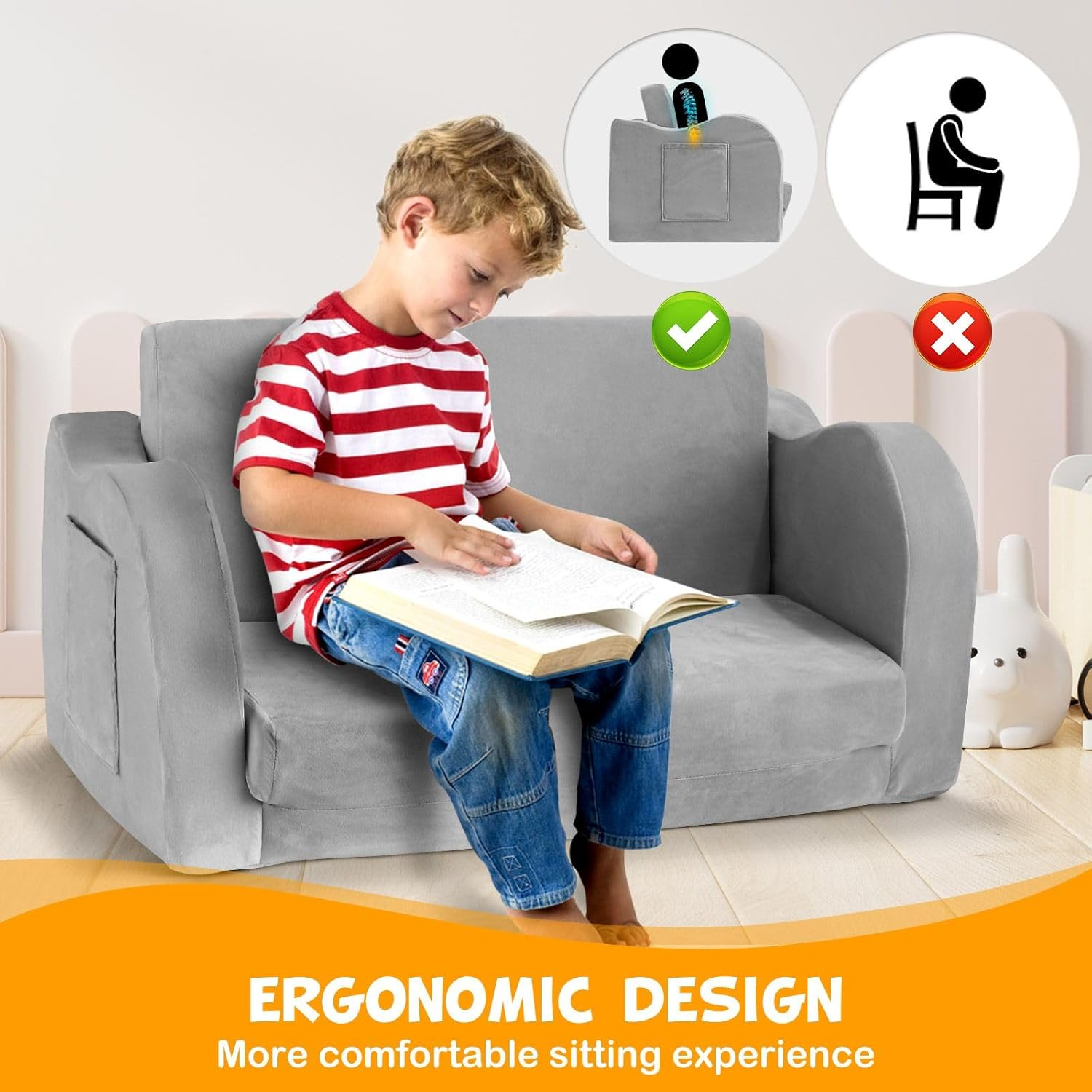 Kids Sofa Fold Out Toddler Sofa Chairs Children'S 2 in 1 Convertible Sofa to Lounger Flip Open Toddler Couch Armrest Chair Bed for Boys Girls Grey image number 3
