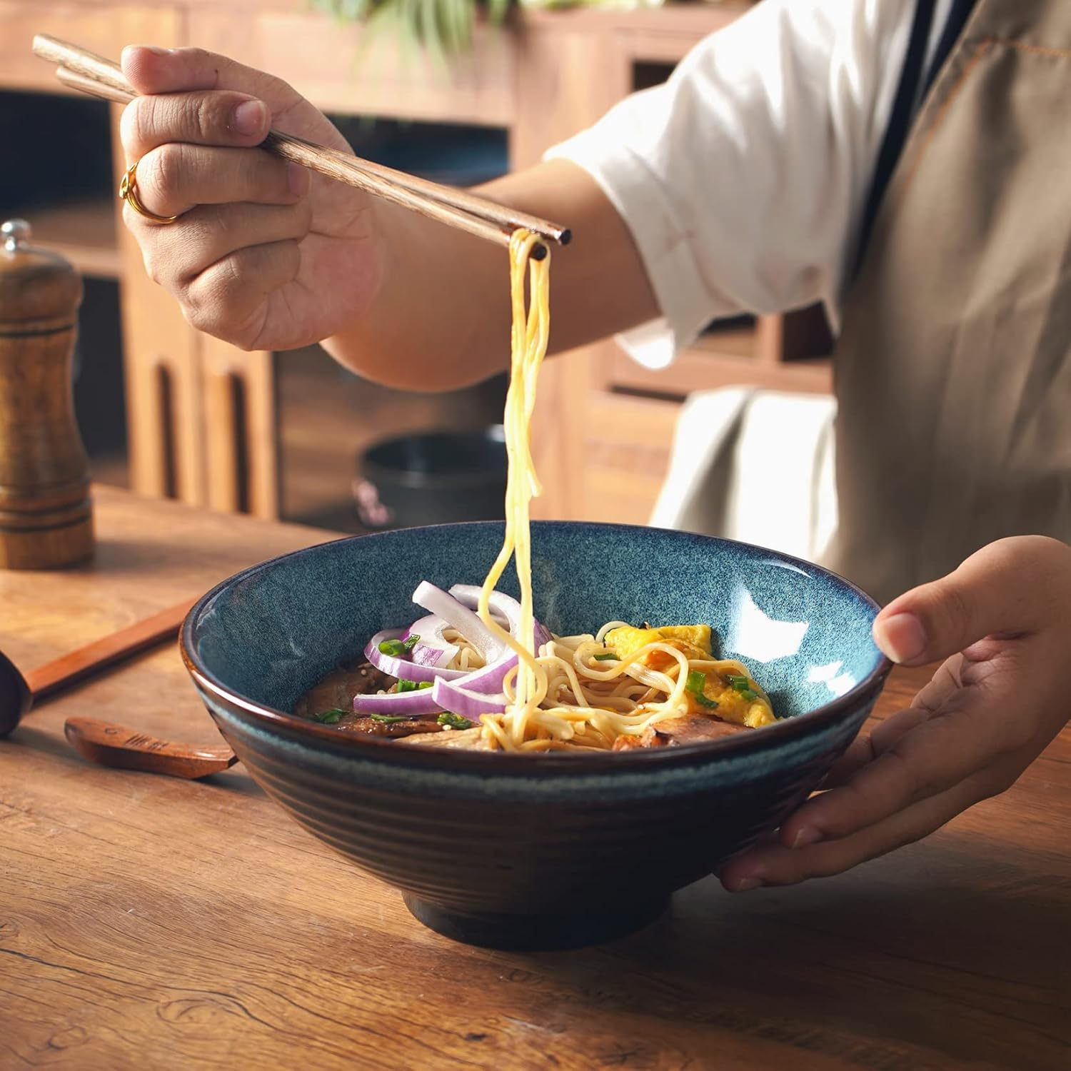 Ceramic Japanese Style Ramen Bowl Set with Chopsticks,8 Inch 40 Oz Pho Bowls & Asian Soup Bowl and Spoons Set for Udon Noodle,Soba,Miso Soup,Set of 2 (Blue) image number 4