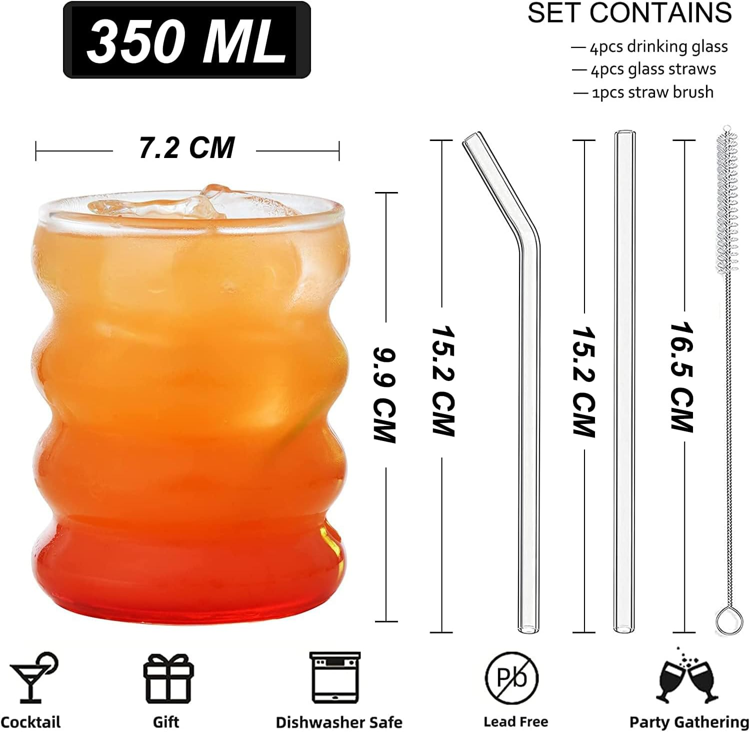 ALINK Ribbed Drinking Glass Cups with Glass Straws Set of 4, 12 Oz Aesthetic Iced Coffee Glasses, Wave Bubble Glasses Tumbler, Ripple Glassware, Beer Glasses for Coctail, Milk, Soda, Gift with Brush image number 2