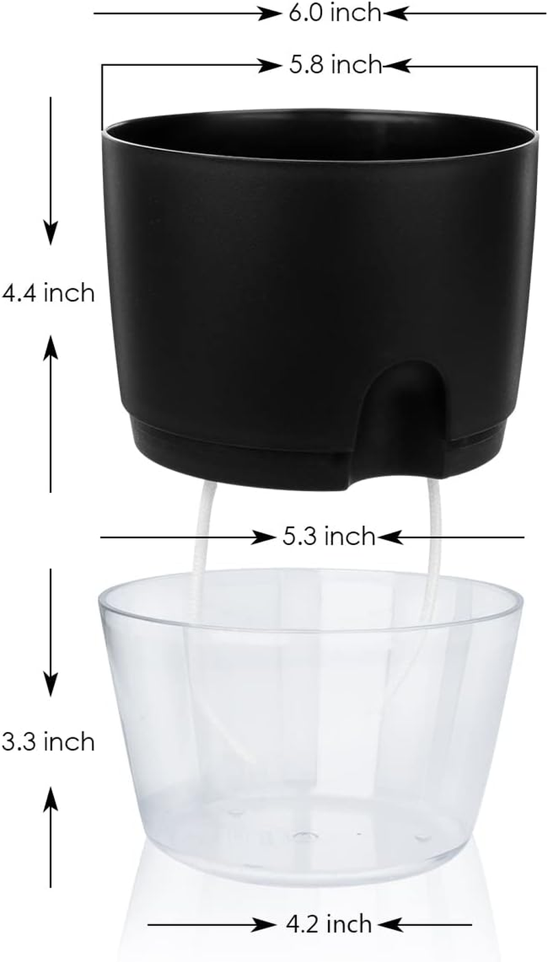 Vanavazon 6 Inch Self Watering Planter Pots for Indoor Plants, 3 Pack African Violet Pots with Wick Rope-Black - Grey image number 3