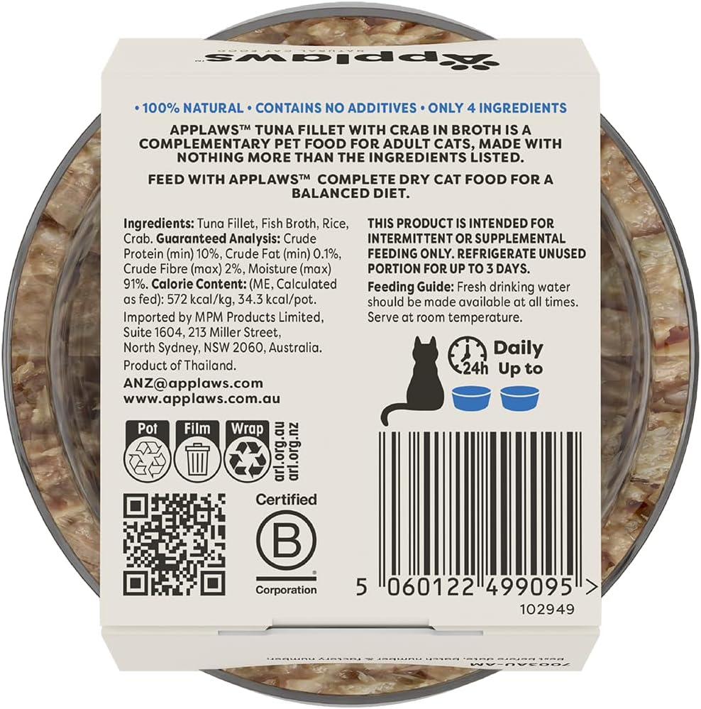 Applaws 100% Natural Wet Cat Food Tuna Fillet with Crab in Broth, Limited Ingredients Pet Food 60G Pot (Pack of 10) image number 3