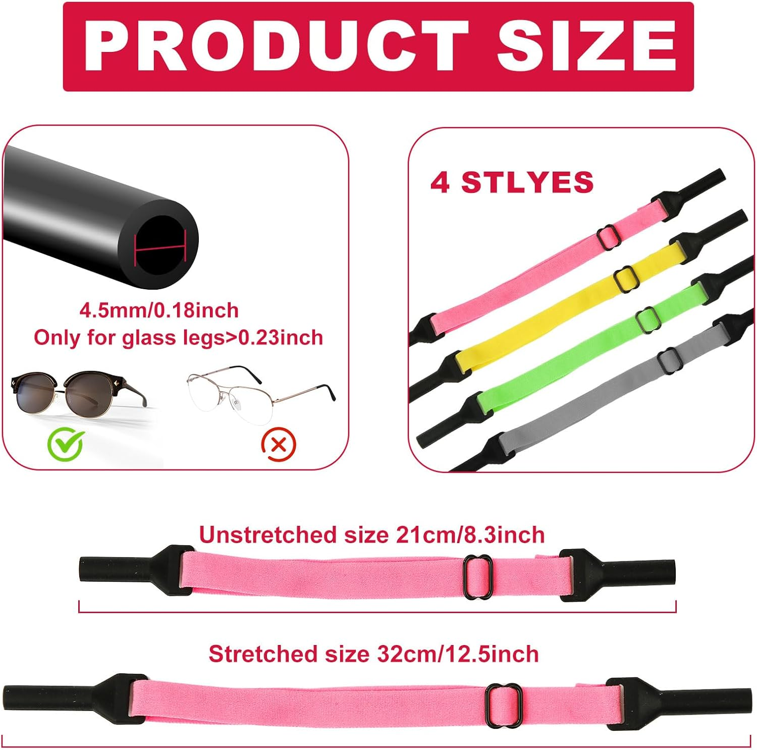BOXOB 4Pcs Adjustable Glasses Straps, Silicone Sunglasses Strap Universal Eyeglasses Strap Glasses Lanyard Accessories for Eyeglasses Sunglasses (Light Green, Pink, Gray, Yellow), Multicolor, Large image number 4