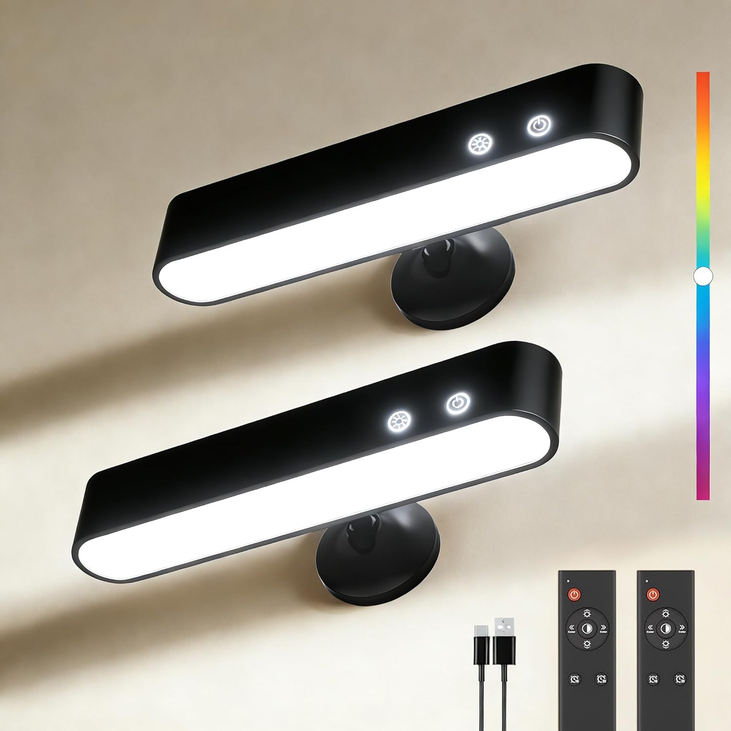 Rechargeable LED Wall Light | 7500Mah Wireless Remote Control Wall Sconce | 360 &deg;Rotating Touch Wall Lamp 3 Color Temperatures &15 RGB Colors | Wall Lights for Bedroom, Hallway, Stairs | 2 Pack image number 6
