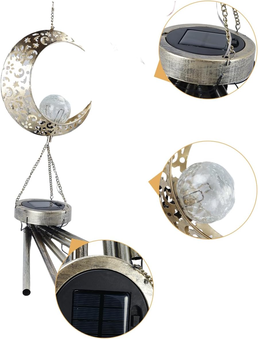 Ausi Sun Moon Solar Wind Spinner Light - Outdoor Garden Night Wind Bell Waterproof Chime Ambient Light Lamp - Lamp for Patio, Deck, Lawn, Yard, Patio, Deck, Garden (Moon)