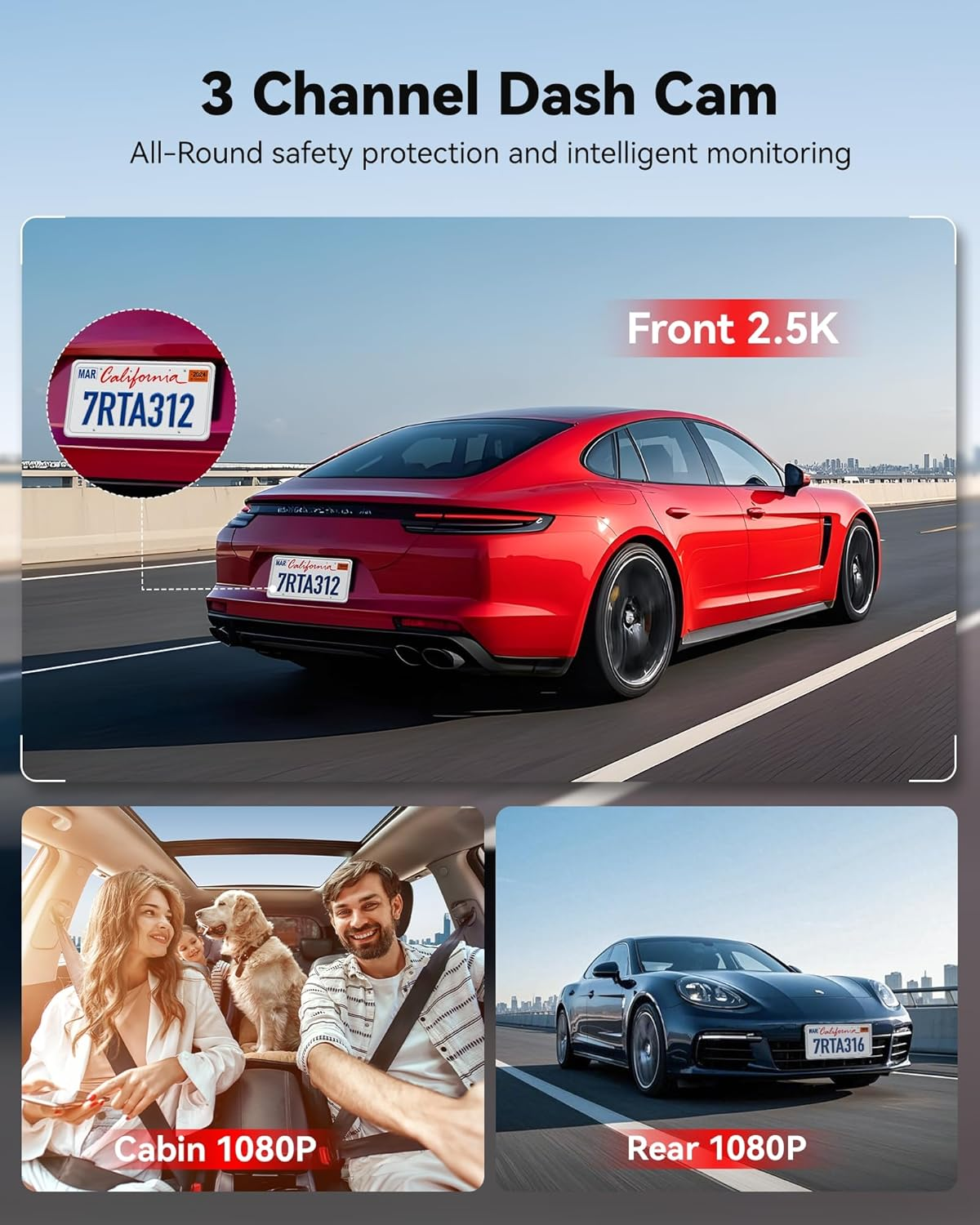REDTIGER 2.5K 3 Channel Dash Cam with Wifi, 2.5K+1080P+1080P Dash Cam Front and Rear Inside, 3.18'' Screen, Included 32GB Card, IR Night Vision, Loop Recording, 24H Parking Mode, Support Max 256GB(A3)