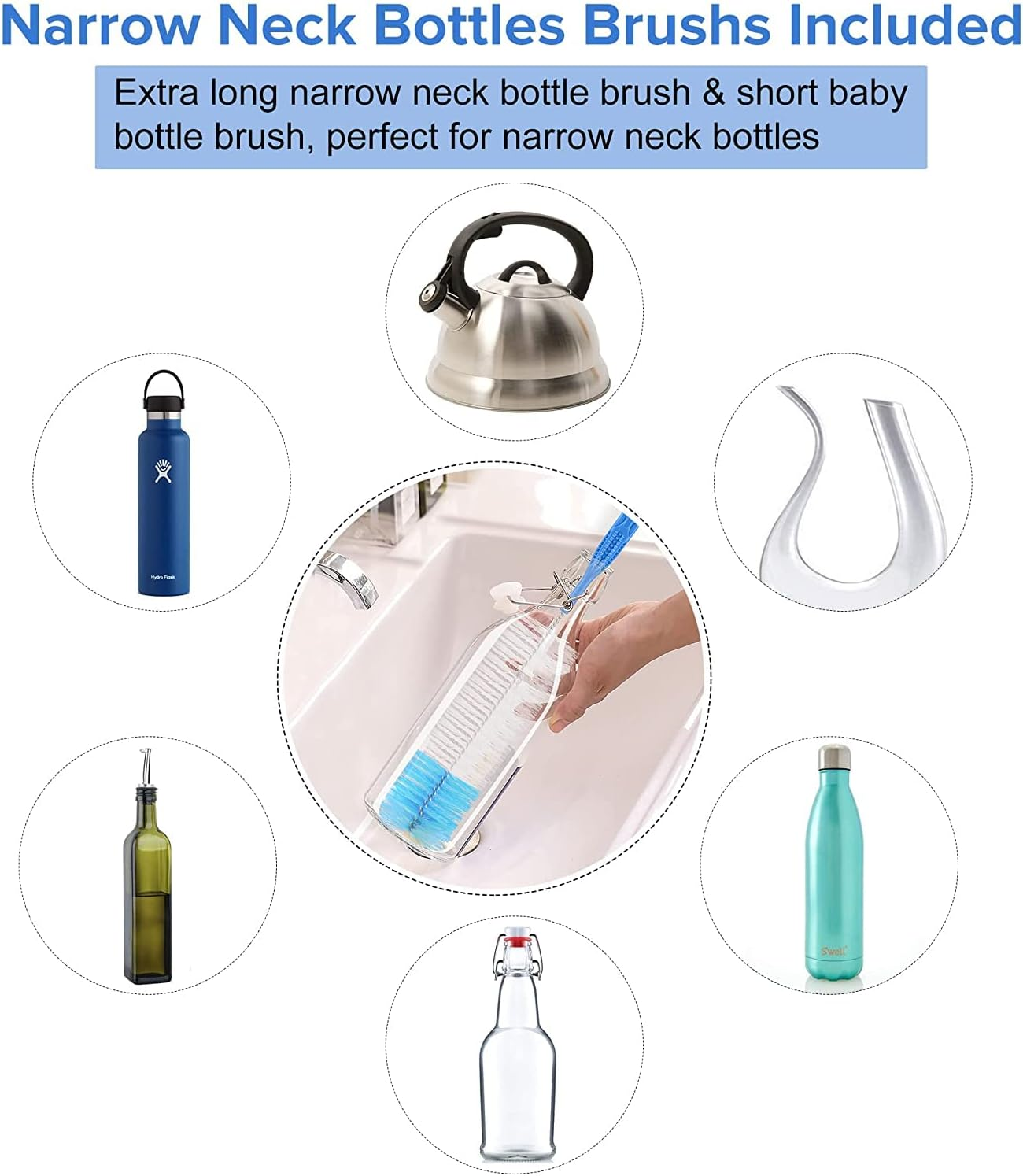 Bottle Brush Cleaning Set, Long Handle Bottle Cleaner for Washing Narrow Neck Beer Bottles, Wine Decanter, Narrow Cup, Pipes, Hydro Flask Tumbler, Sinks, Cup Cover Pack of 5 image number 3
