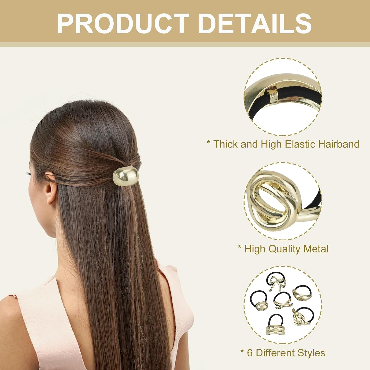 JINGIHE Pack of 6 Metal Hair Scrunchies, Gold Hair Accessories, Women Hair Ties, Ponytail Hair Rings Braid Scrunchie Hair Cuff for Women Girls Women Hair Accessories image number 4