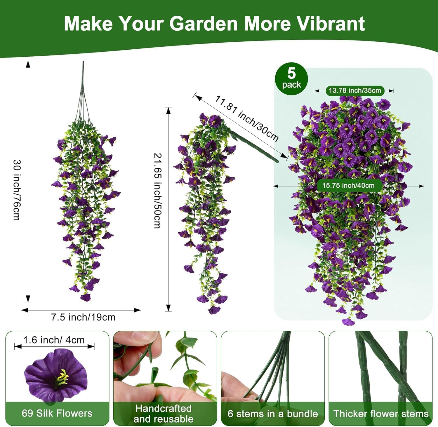 Artificial Hanging Flowers for Outdoors, 5Pcs UV Resistant Faux Petunias, Realistic Fake Silk Long Vines Morning Glory Eucalyptus for outside Indoor Planter Porch Patio Home Decor (Purple) image number 6