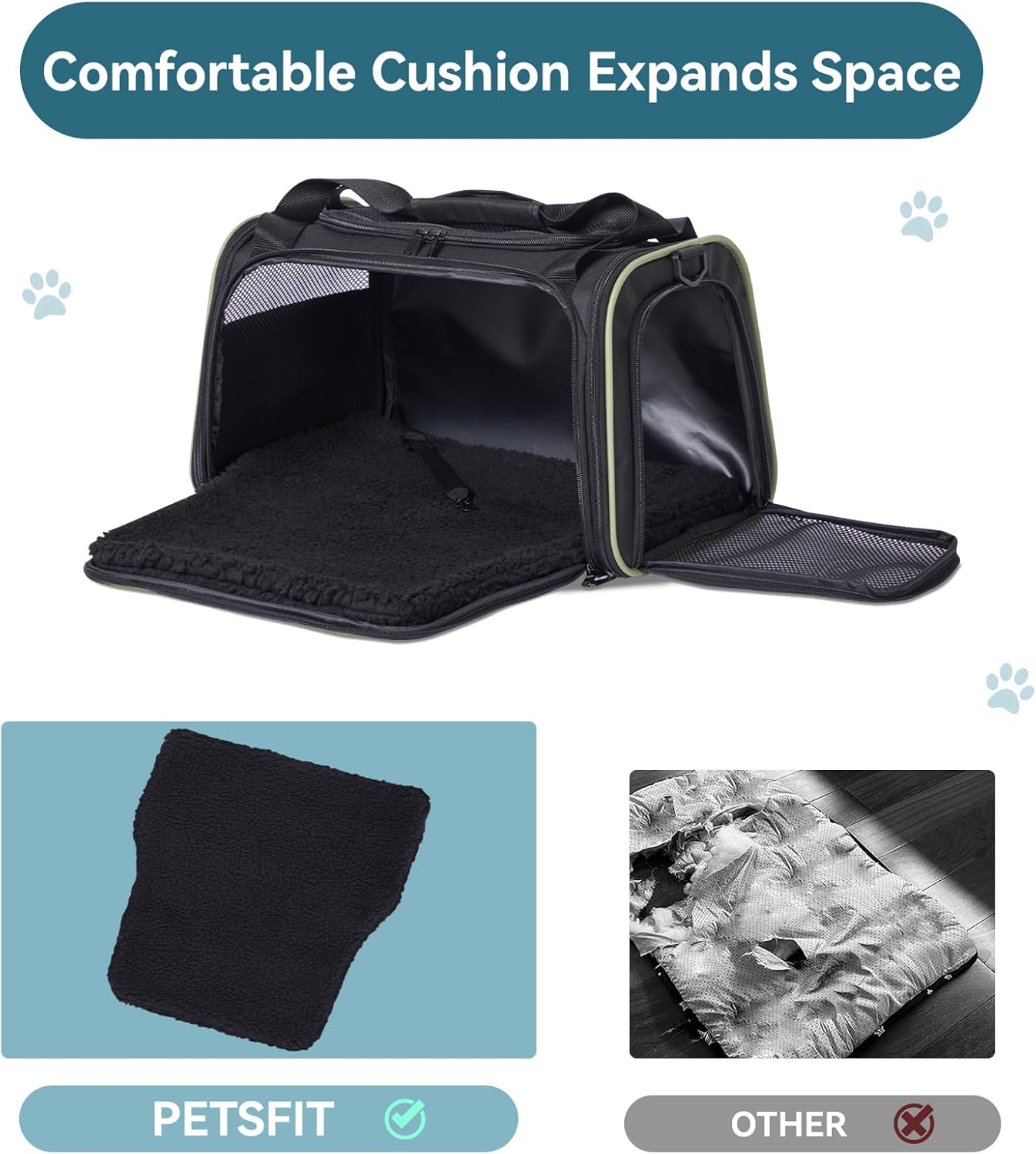 PETSFIT Soft Cat Carrier with Extendable Fleece Pet Mat, Kitty Carrier Airline Approved with Safety Leash for Pets up to 12 Lbs (44 * 26.5 * 27CM, Black) image number 5