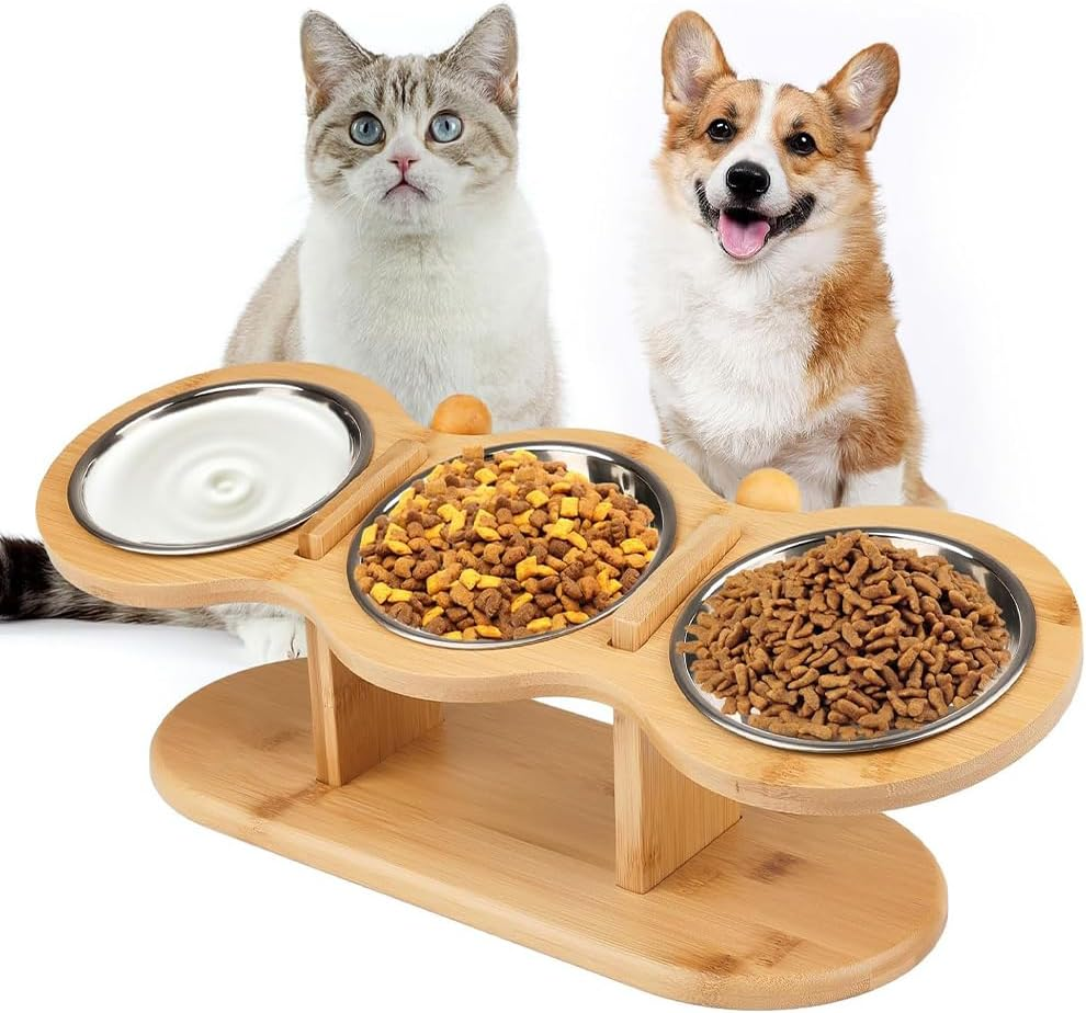 Cat Feeding Station,With 3 Stainless Steel Bowls and Installation Required Parts, Wooden Pet Bowl Holder,Raised Cat Food Bowls, Kitty Food Water Bowls Stand,For Cats and Puppy image number 5