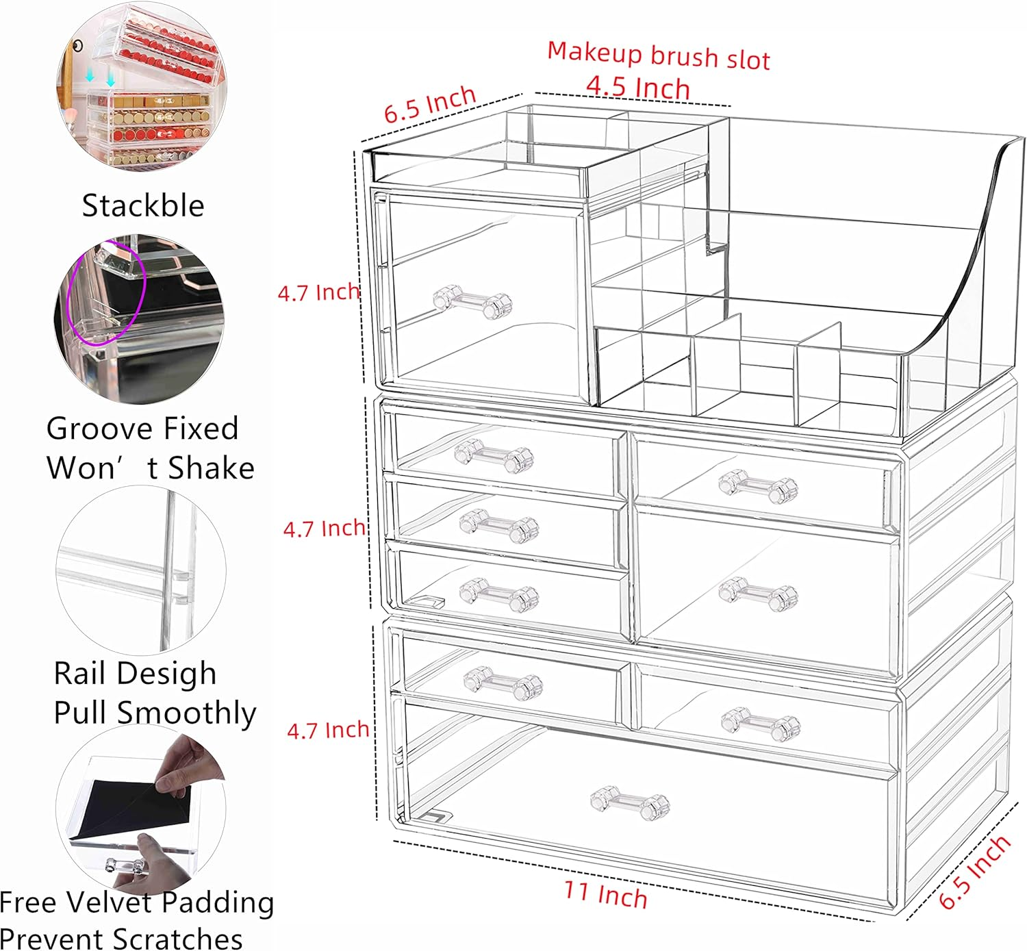 Cq Acrylic Makeup Desk Cosmetic Storage Organizer with Drawers for Dressing Table,Vanity Countertop,Bathroom Counter,Elegant Vanity Holder for Brushes,Eyeshadow,Lotions,Lipstick and Nail Polish image number 2