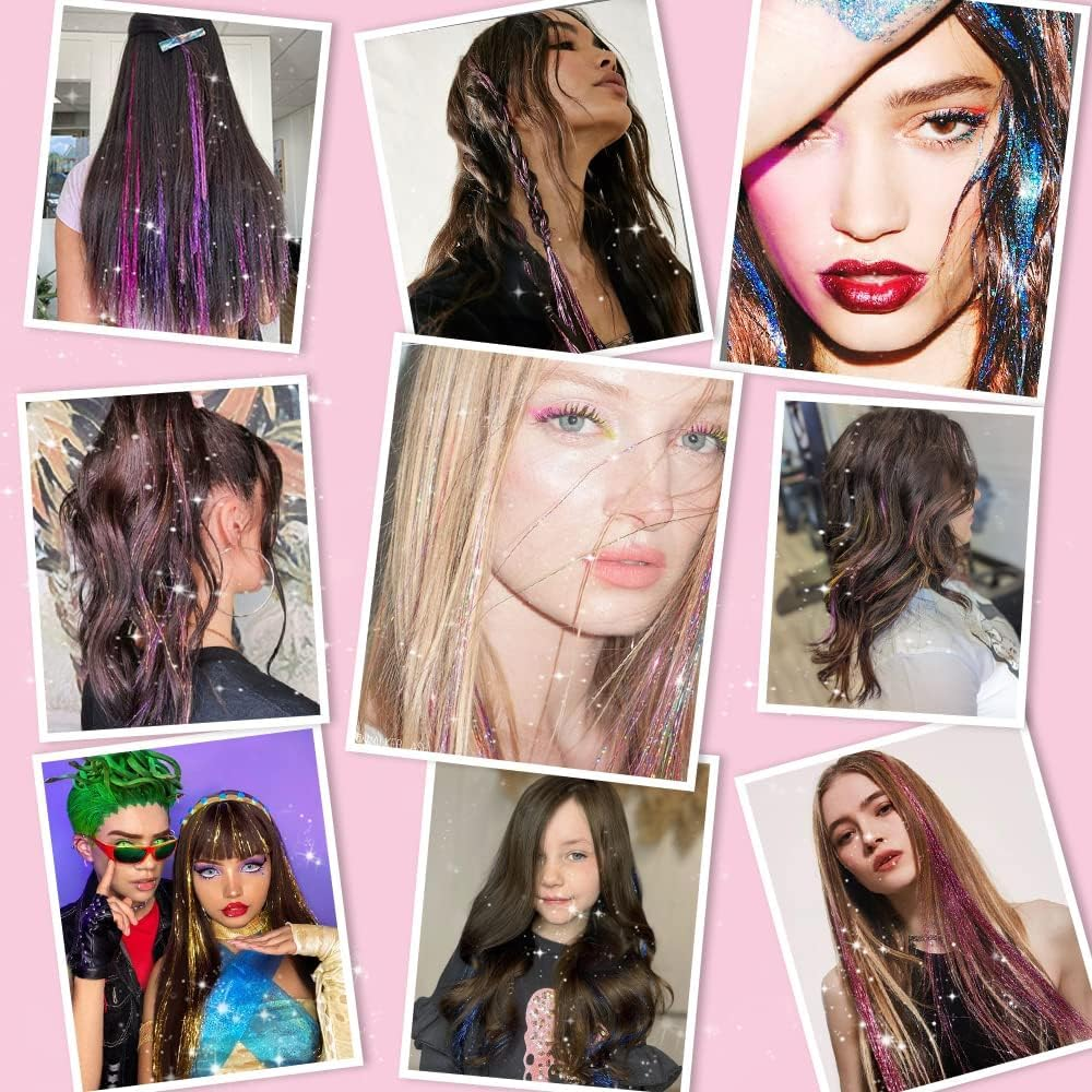 Hair Tinsel Pack of 12 Pcs Clip in Hair Tinsel 20 Inch Glitter Pink Tinsel Hair Extensions, Festival Tinsel Fairy Hair Extension Party Dazzle Accessories Strands Kit (Silver) - Silver image number 4