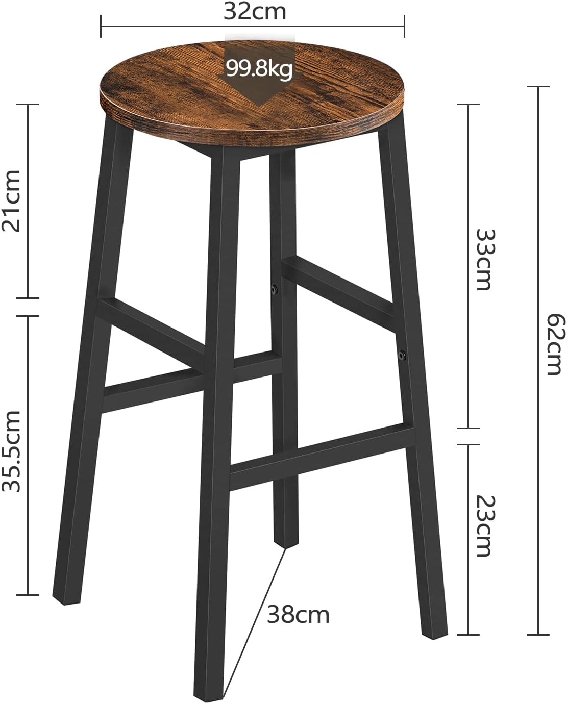 MAHANCRIS Bar Stools, Set of 2 round Bar Chairs with Footrest, 62 CM Kitchen Breakfast Bar Stools, Industrial Bar Stools, Easy Assembly, for Dining Room, Kitchen, Rustic Brown BAHR0201Z image number 6