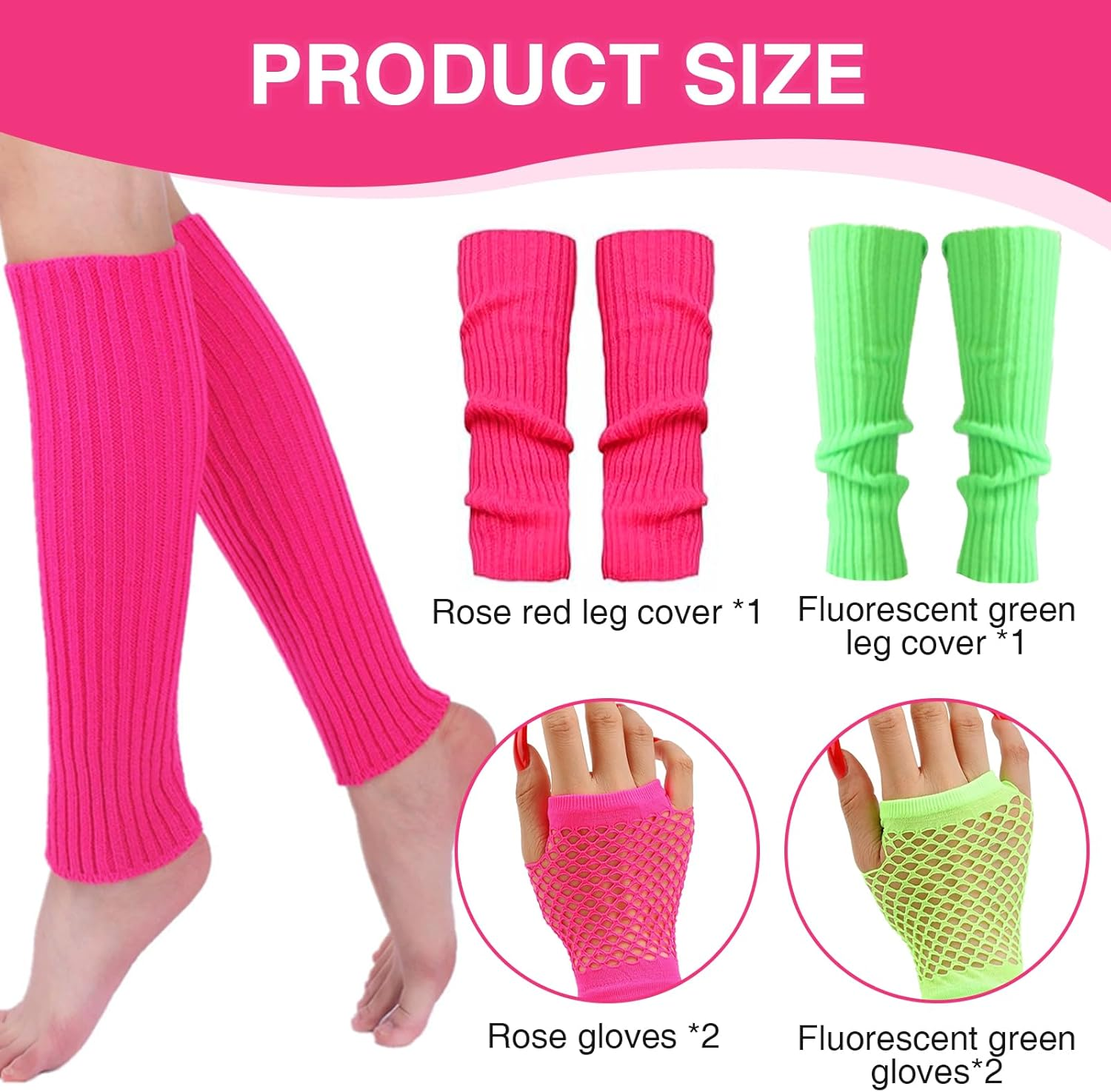 COWANIEE 2 Pairs Neon Leg Warmers+2 Pairs Fishnet Gloves 80S Fancy Dress Costume for Women and Girls (Rose Red, Fluorescent Green) image number 1