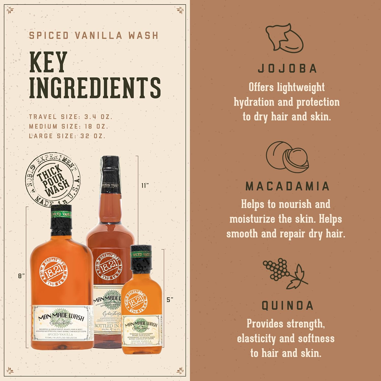 18.21 Man Made Man Made Wash - Spiced Vanilla by 18.21 Man Made for Men - 18 Oz 3-In-1 Shampoo, Conditioner and Body Wash, 532 Ml (Pack of 1) image number 3