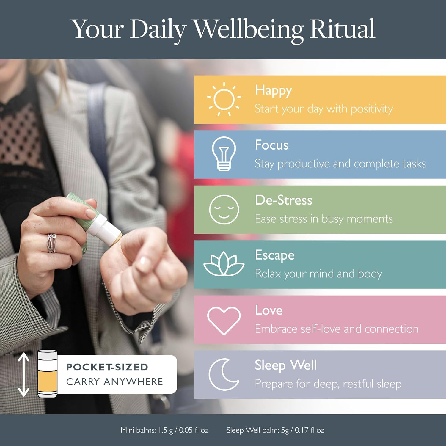 Scentered Aromatherapy Balm Gift Set - DAILY RITUAL - Sleep Well (5G) + 5 X Mini Balms: De-Stress, Focus, Happy, Escape & Love - Lavender, Rosemary, Ylang Ylang Essential Oils Gifts for Women image number 6