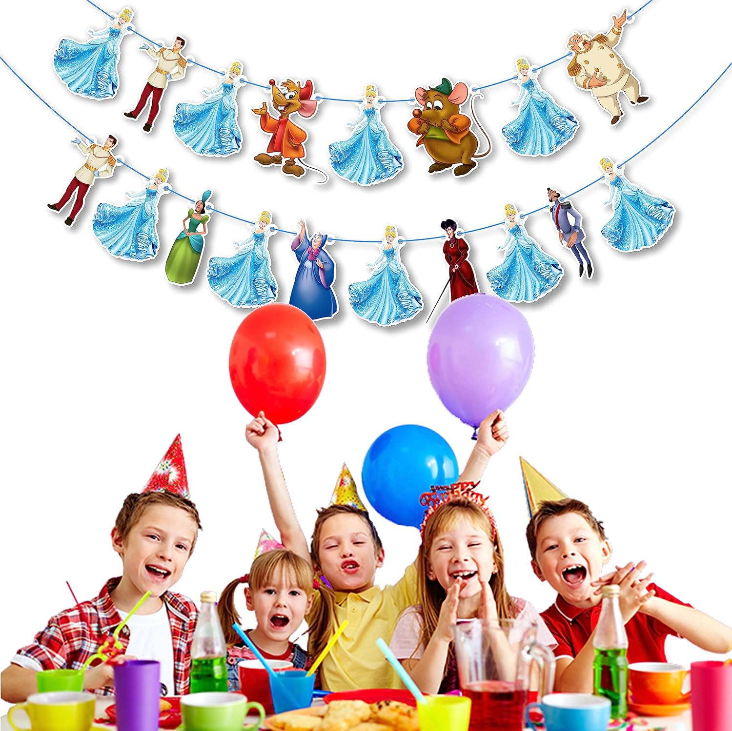 Cinderela Garland Decorations for Princess Birthday Parties, Fairy Tale Celebrations, and Royal Events &ndash; Elegant Blue and Silver Banner with Castle, Glass Slipper, and Crown Designs