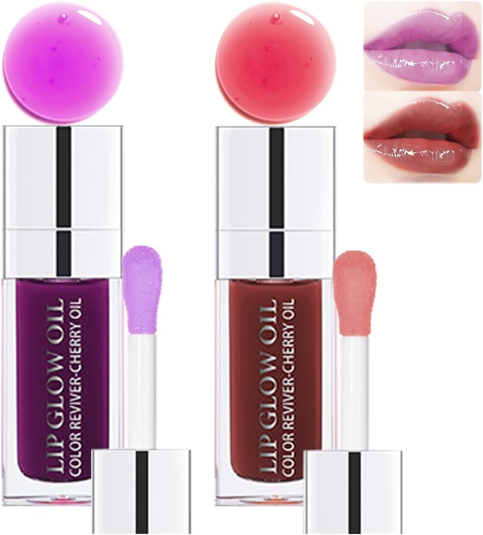 2 Colors Hydrating Plumping Lip Glow Oil - Moisturizing Gloss, Transparent Glossy Primer, Tint for Care and Dry Lips (006#+020#)