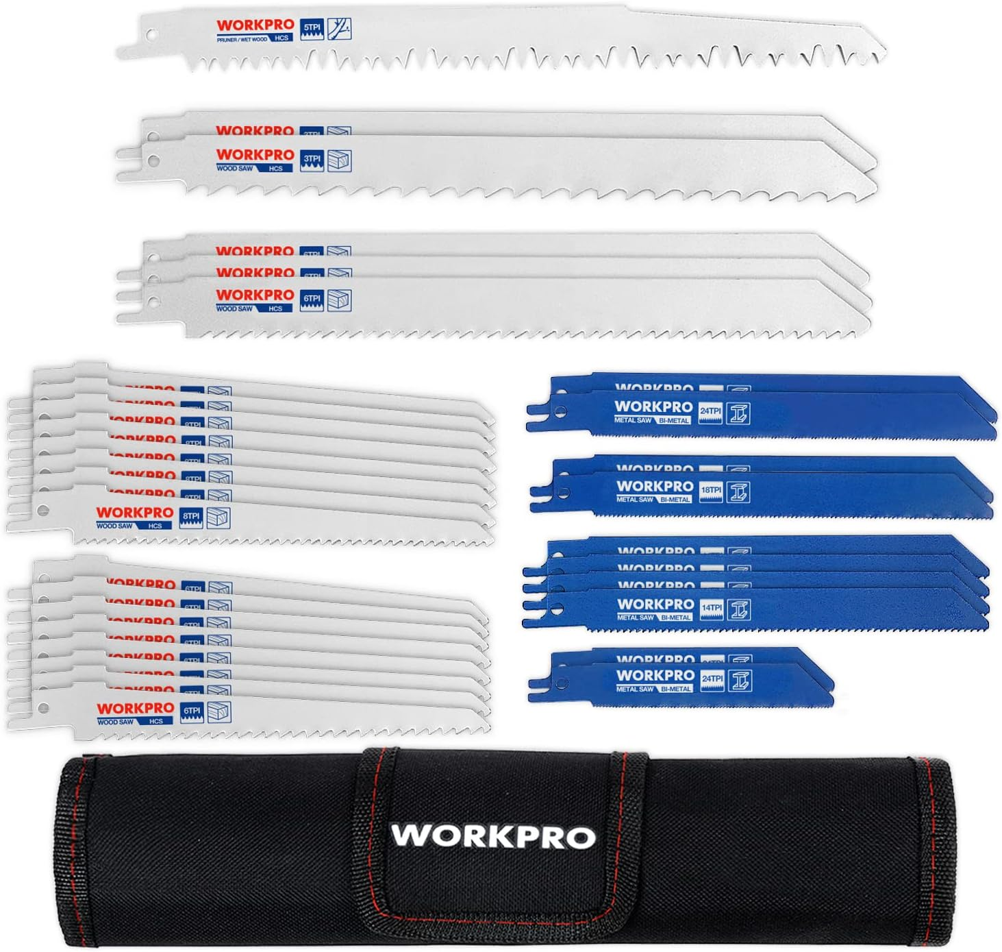 WORKPRO 32-Piece Reciprocating Sabre Saw Blades Set for Wood & Metal, with Organizer Pouch, Fits Bosch, Dewalt, Makita, Etc. image number 2