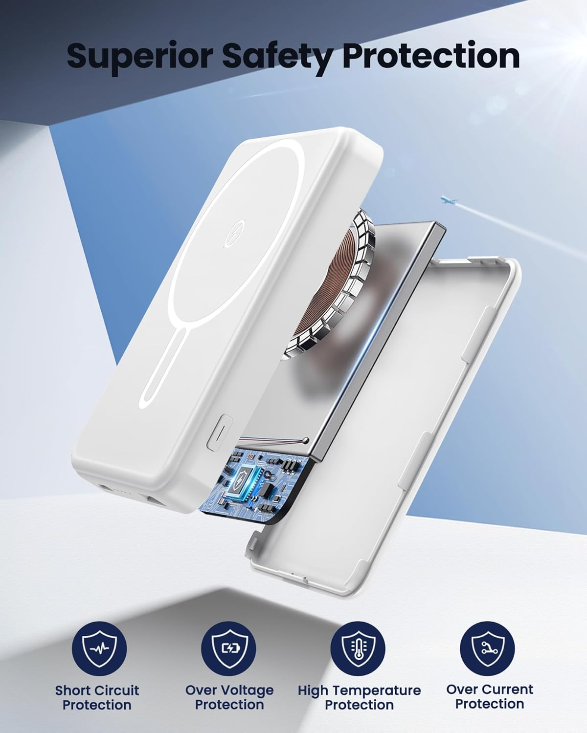 PDBEST 12000Mah Magsafe Powerbank Magnetic Portable Charger Power Bank PD 22.5W USB C Fast Charging Wireless Battery Pack Phone Charger for Iphone 16/15/14/13/12 All Series White - Blue image number 2