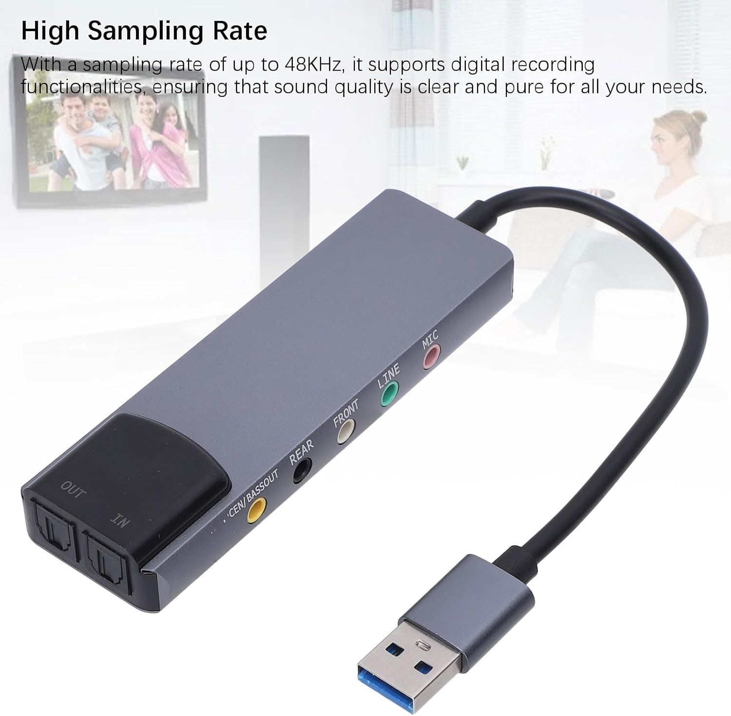 Jectse USB Sound Card Adapter, External Stereo Sound Card, 48Khz, 5.1 and 7.1 Channel, Support Optical Input Output, Cm6206Lx Noise Reduction Chip, CD Quality, Digital Recording image number 1
