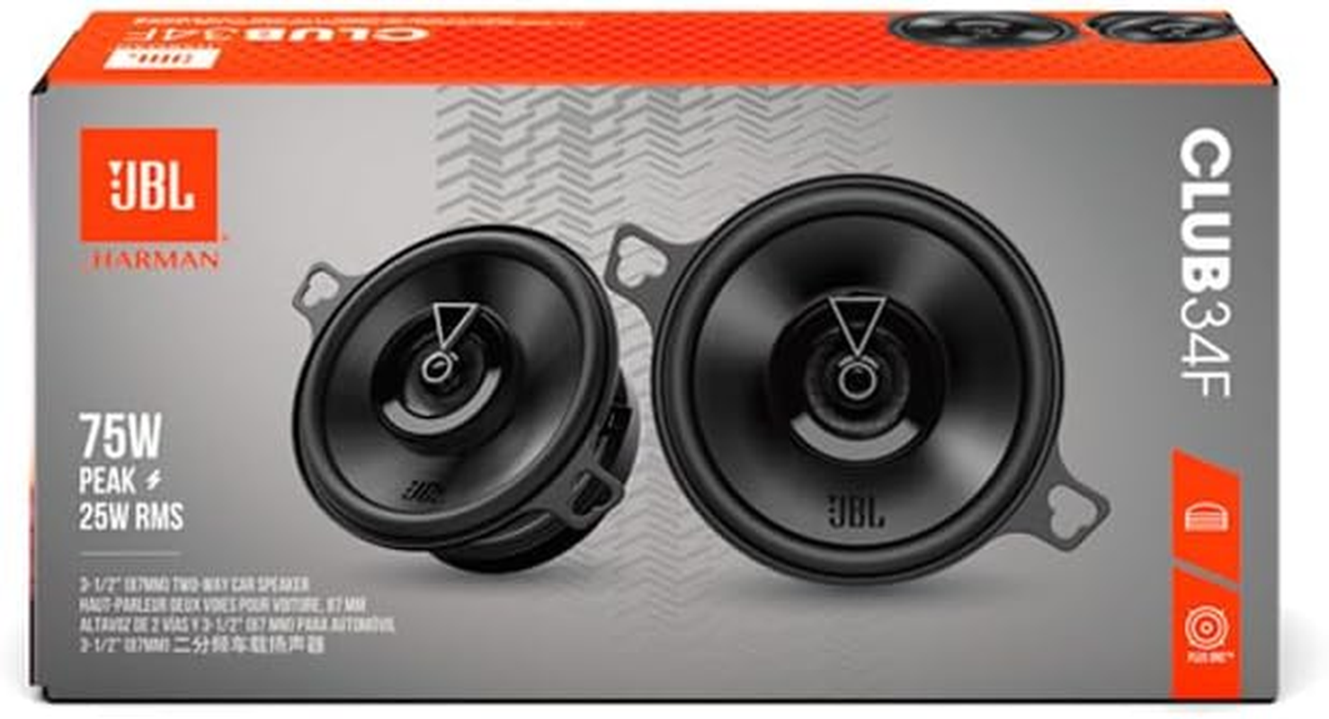JBL Club 34F Gen 3-87 Mm Car Speaker Set by Harman Kardon for a Superior 9 Cm Box Upgrade - 25 W RMS 75 W Max, High Sensitivity, Intense Bass and Impressive High Frequency Response